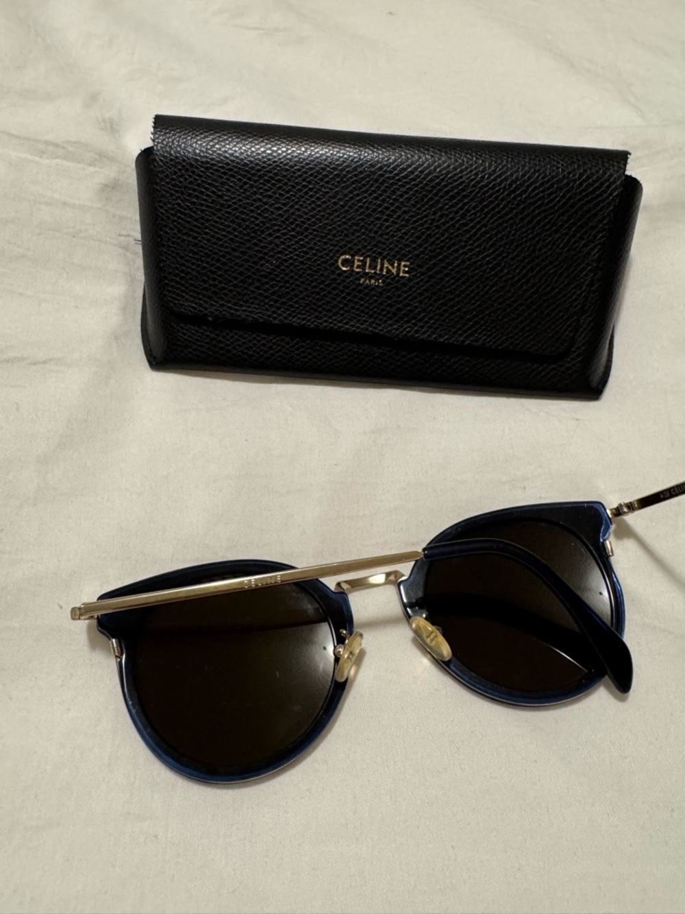 Celine Men's Round Sunglasses - Navy Frame, Brown Lenses, Gold Bridge - Picture 4 of 7
